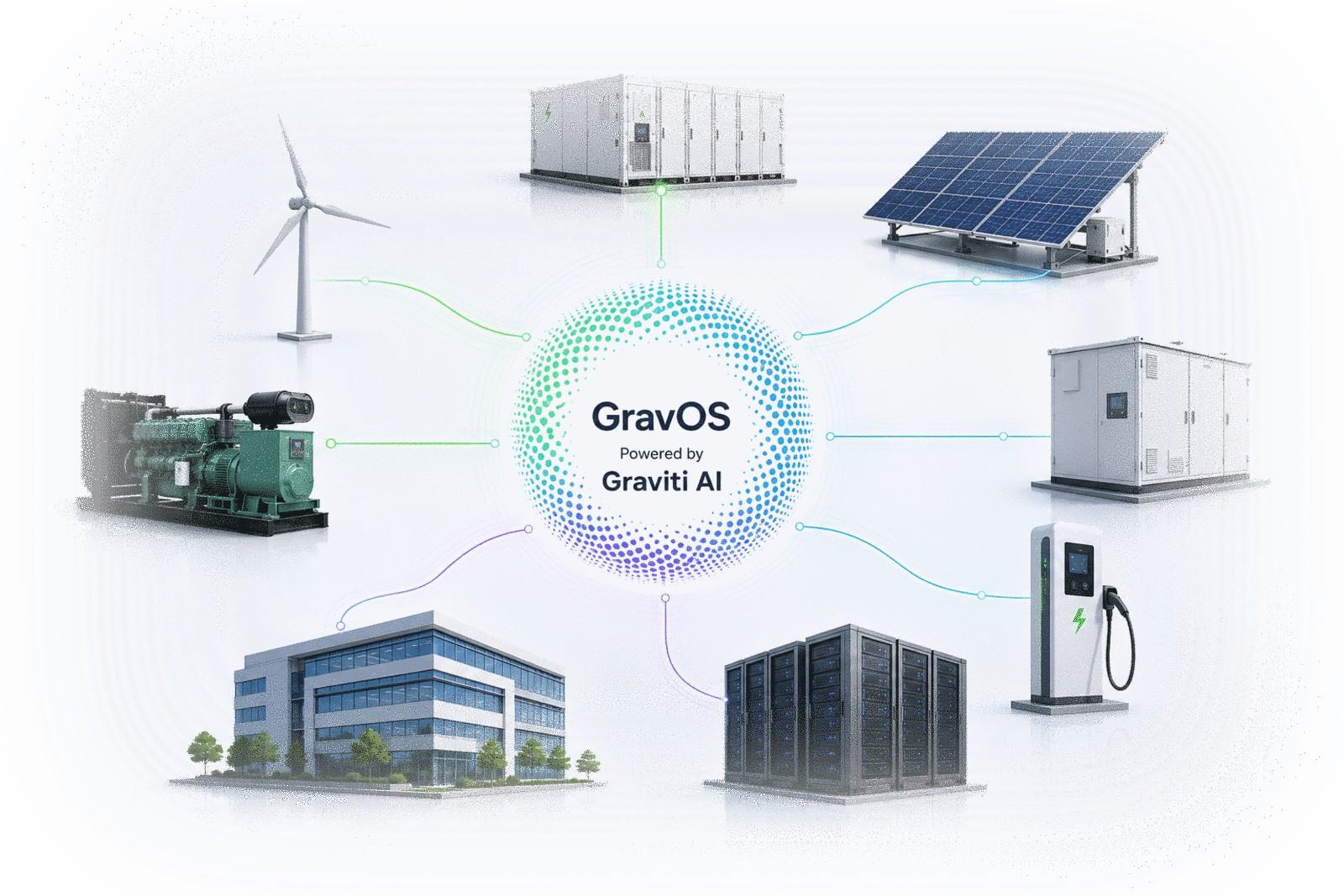 GravOS at the centre of an energy ecosystem — wind, generator, battery storage, solar, transformer, EV charging, data centre and commercial buildings all connected to the GravOS core